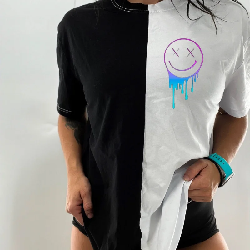 Salty Savage Unisex “OG Drip Smile” Two Tone Oversized Crew Tee | Basic Silk Blend Satin Velvet