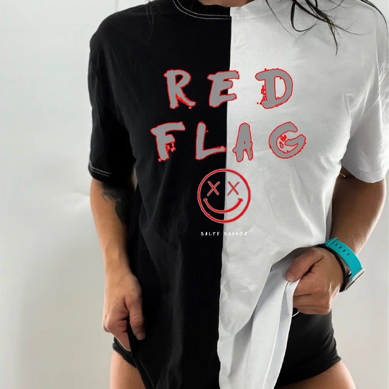 Salty Savage Unisex “Red Flag” Two Tone Oversized Tee | Gray Chenille Blend Fleece Blend Nylon Blend