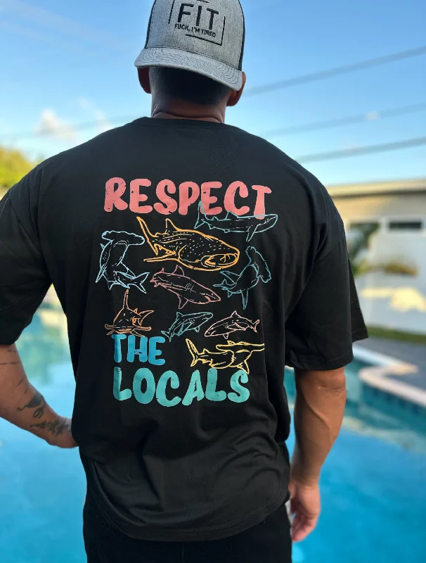 Salty Savage Unisex “Respect the Locals” Shark Oversized Drop Shoulder Tee Chenille Blend Fleece Blend Nylon Blend