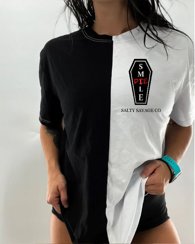 Salty Savage Unisex “SMILE | DIE Coffin” Two Tone Oversized Tee | Basic Fleece Nylon Spandex