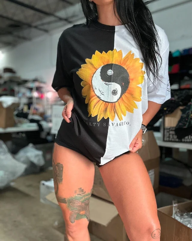 Salty Savage Unisex “Yin Yang Sunflower” Two Tone Oversized Tee Rayon Velvet Corduroy