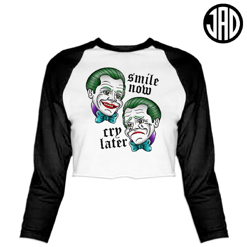 Smile Now Cry Later - Women's Cropped Baseball Tee Chenille Brocade Lace