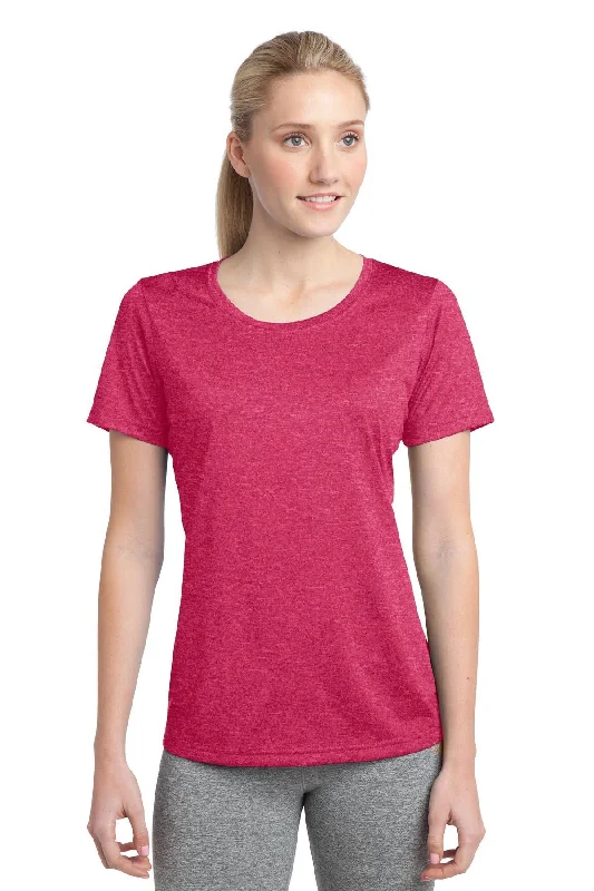 Sport-Tek Ladies Heather Contender Scoop Neck Tee LST360 Pink Raspberry Heather Thin T-Shirt Open Front Quick Dry