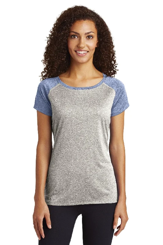 Sport-Tek Ladies Heather-On-Heather Contender Scoop Neck Tee LST362 Vintage Heather/True Navy Heather Polka Dot Checkered Tartan