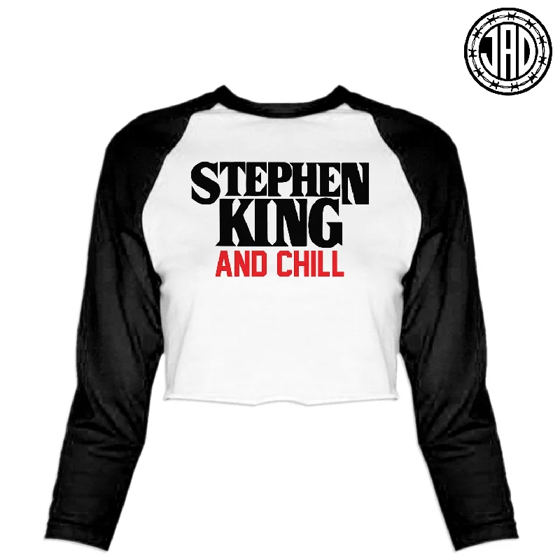 Stephen King And Chill - Women's Cropped Baseball Tee Zippered Front Buttoned Front Snap Front Stephen King And Chill - Women's Cropped Baseball Tee Zippered Front Buttoned Front Snap Front