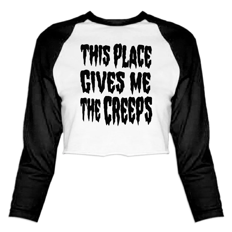 This Place Gives Me the Creeps V2 - Women's Cropped Baseball Tee Notch Collar Peter Pan Collar Cowl Neck