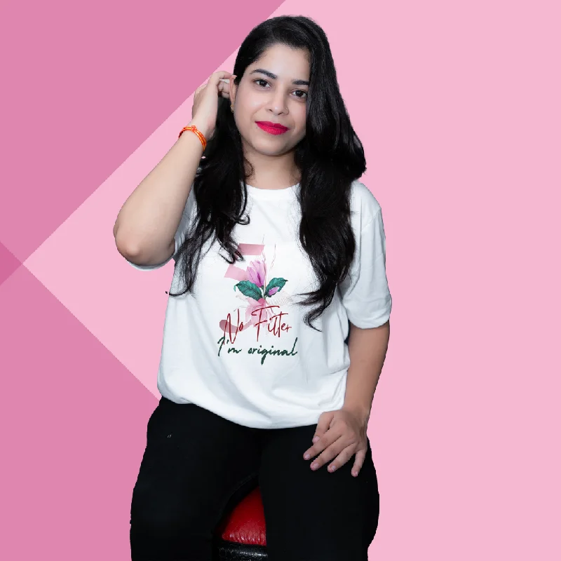"Unleash Your Originality with Our 'Number 5' No Filter, I'm Original Printed Women's White T-Shirt" Rayon Fabric Velvet Fabric Corduroy Fabric