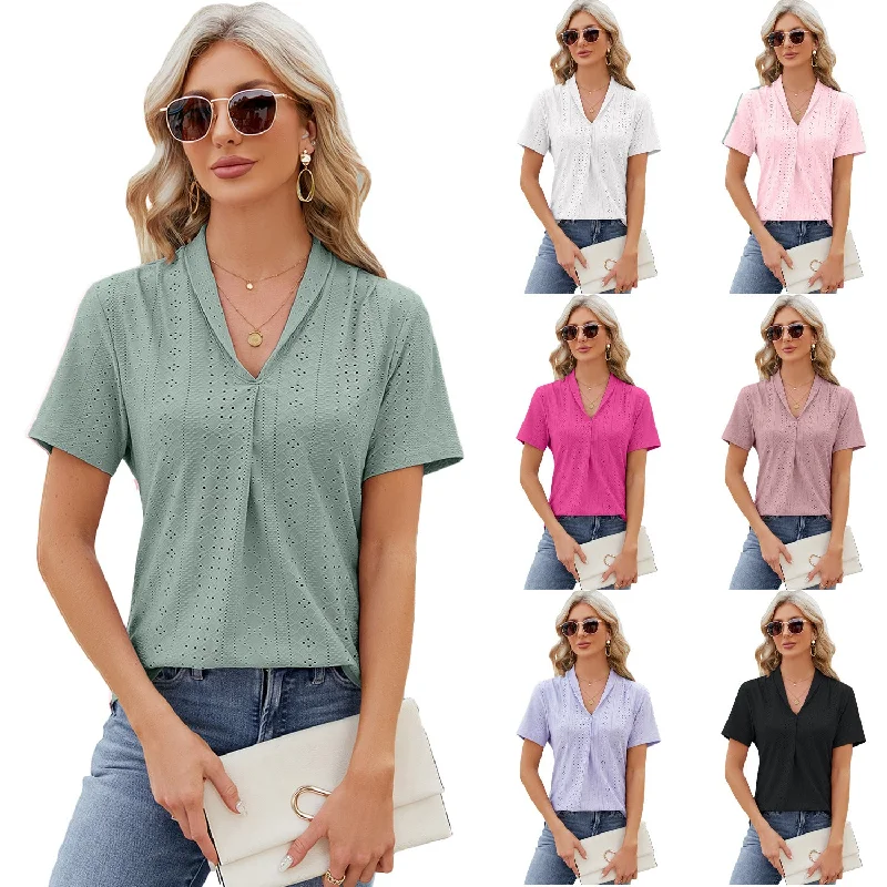 Women V-neck Hollow Design Summer Loose Short-sleeve T-shirt Rayon Fabric Velvet Fabric Corduroy Fabric