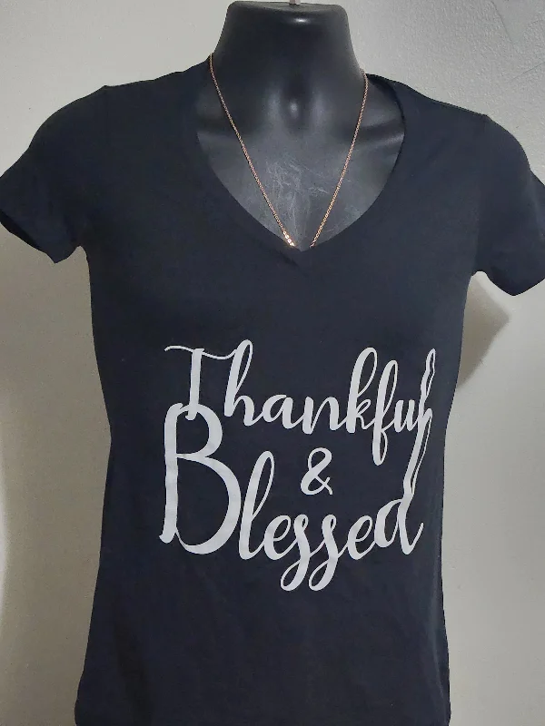 V-NECK WOMEN Thankful & Blessed t-shirts Solid Print Embellished