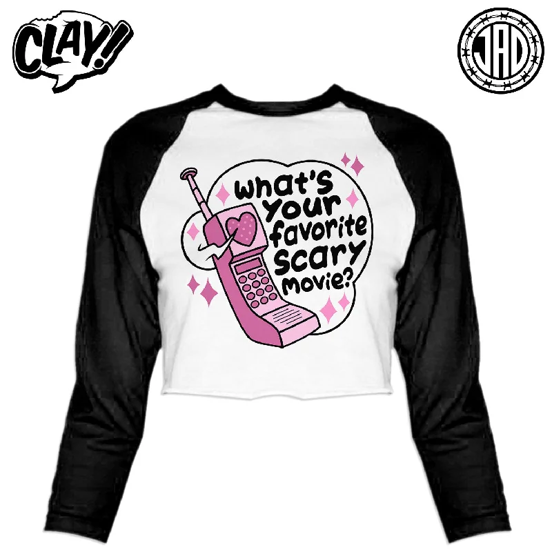 What's Your Favorite Scary Movie - Women's Cropped Baseball Tee Nylon Fabric Polyester Fabric Spandex Fabric