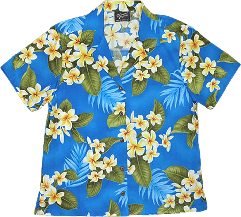 White Yellow Plumeria Women's Hawaiian Camp Shirt Fashionable Trendy Casual