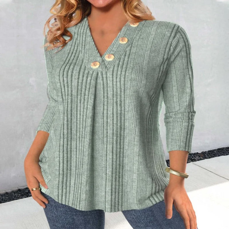 Women's Clothing V-neck Buttons Stitching Long Sleeve T-shirt Welt Pockets Slit Pockets