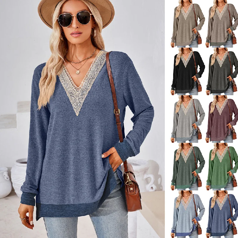 Women's Fashion V-neck Lace Solid Color Loose-fitting T-shirt Top Oversized T-Shirt Spandex breathable
