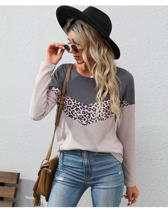 Women's leopard print stitching striped long-sleeved T-shirt Graphic Embroidered Appliqued