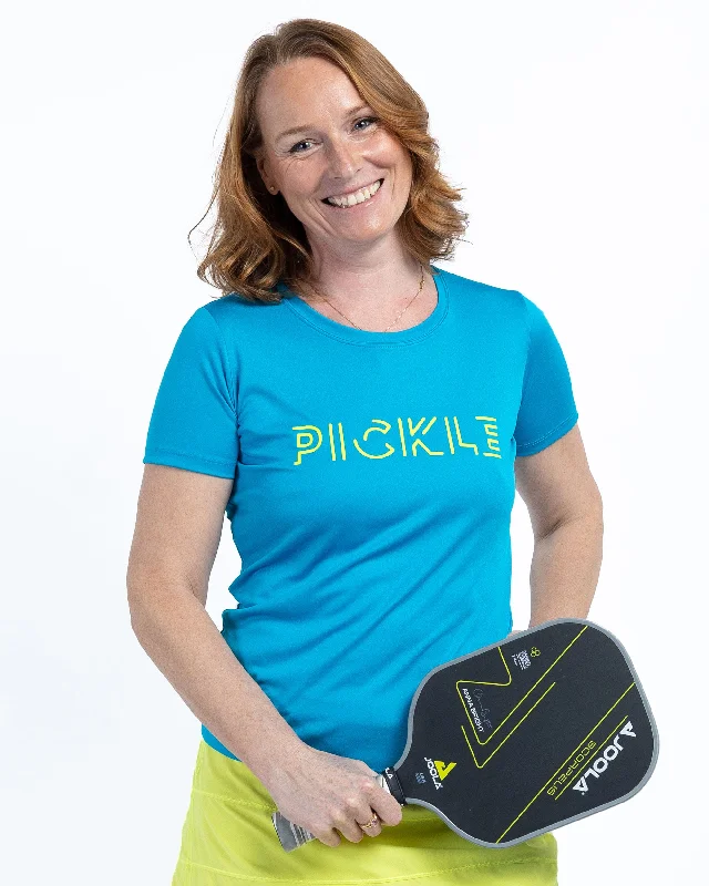 Pickle Pickleball T-Shirt Women's Atomic Blue Performance Fabric Striped Floral Plaid