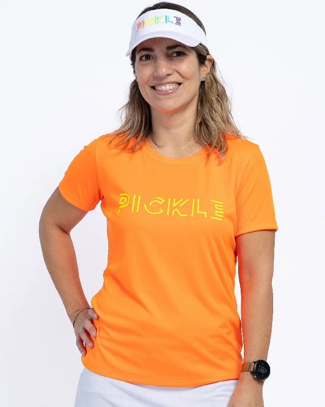 Pickle Pickleball T-Shirt Women’s Neon Orange Performance Fabric Mesh Blend Leather Blend Suede Blend