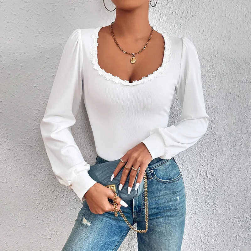 Women's V-neck Puff Sleeve Slim Fit Fashion Versatile Ladies T-Shirt Long Sleeve Lace French Top Fashionable Trendy Casual